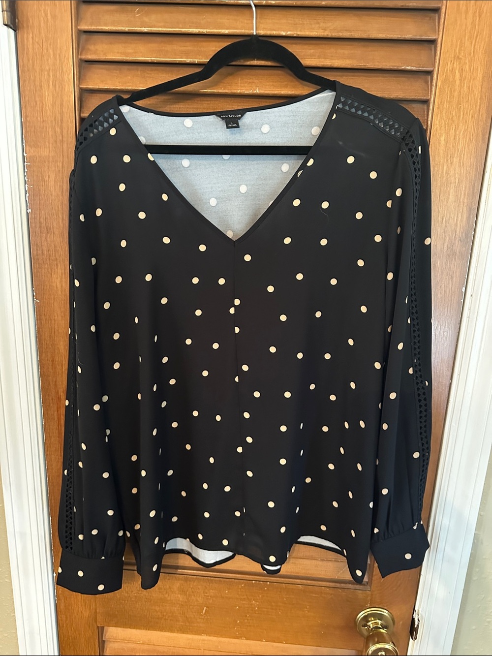 Ann Taylor Black Blouse with Cream Polka Dots